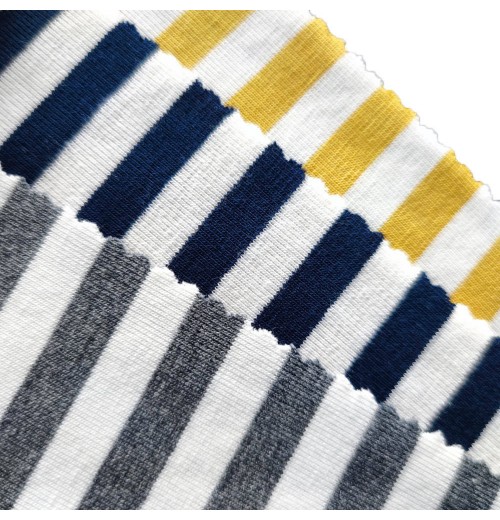 New Wide Stripe Stretch Fabric Yellow Gray Navy Custom Color 100% Organic Cotton Double Knit Rib Jersey Fabric